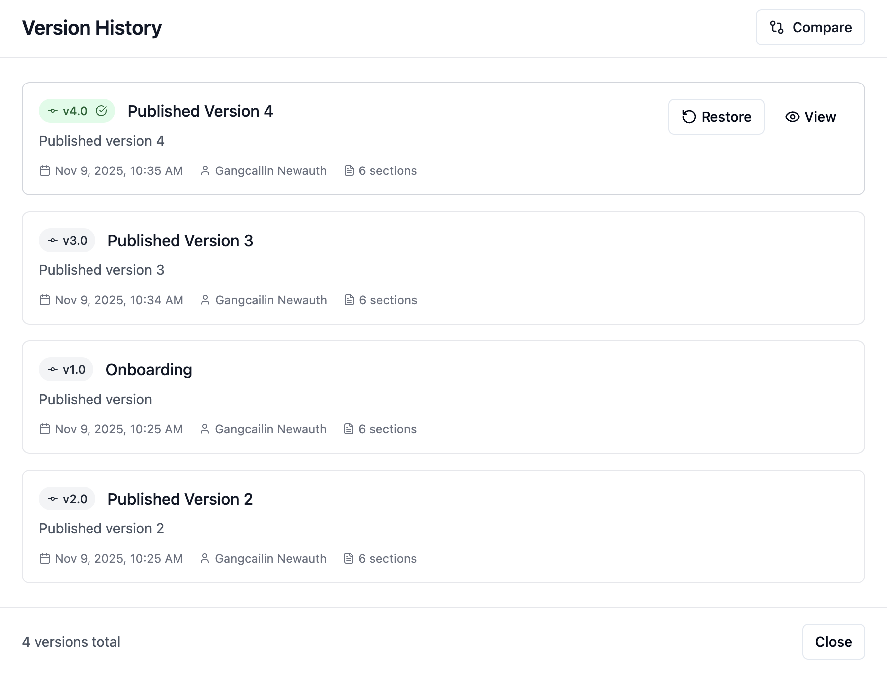 Screenshot of Version Control feature